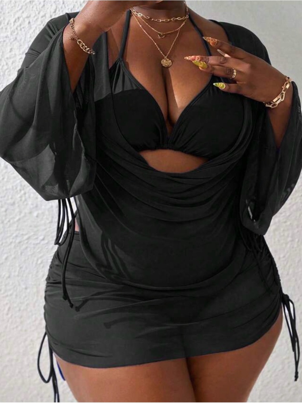 Sexy Black Ruched Mini Dress with Sheer Bell Sleeves